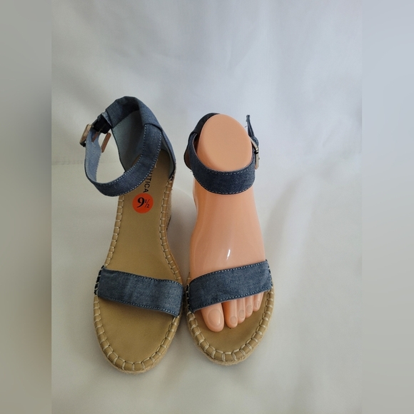 Nautica 9.5 Light Blue Denim Espadrille Wedge Ankle Strap Sandals - Picture 2 of 7